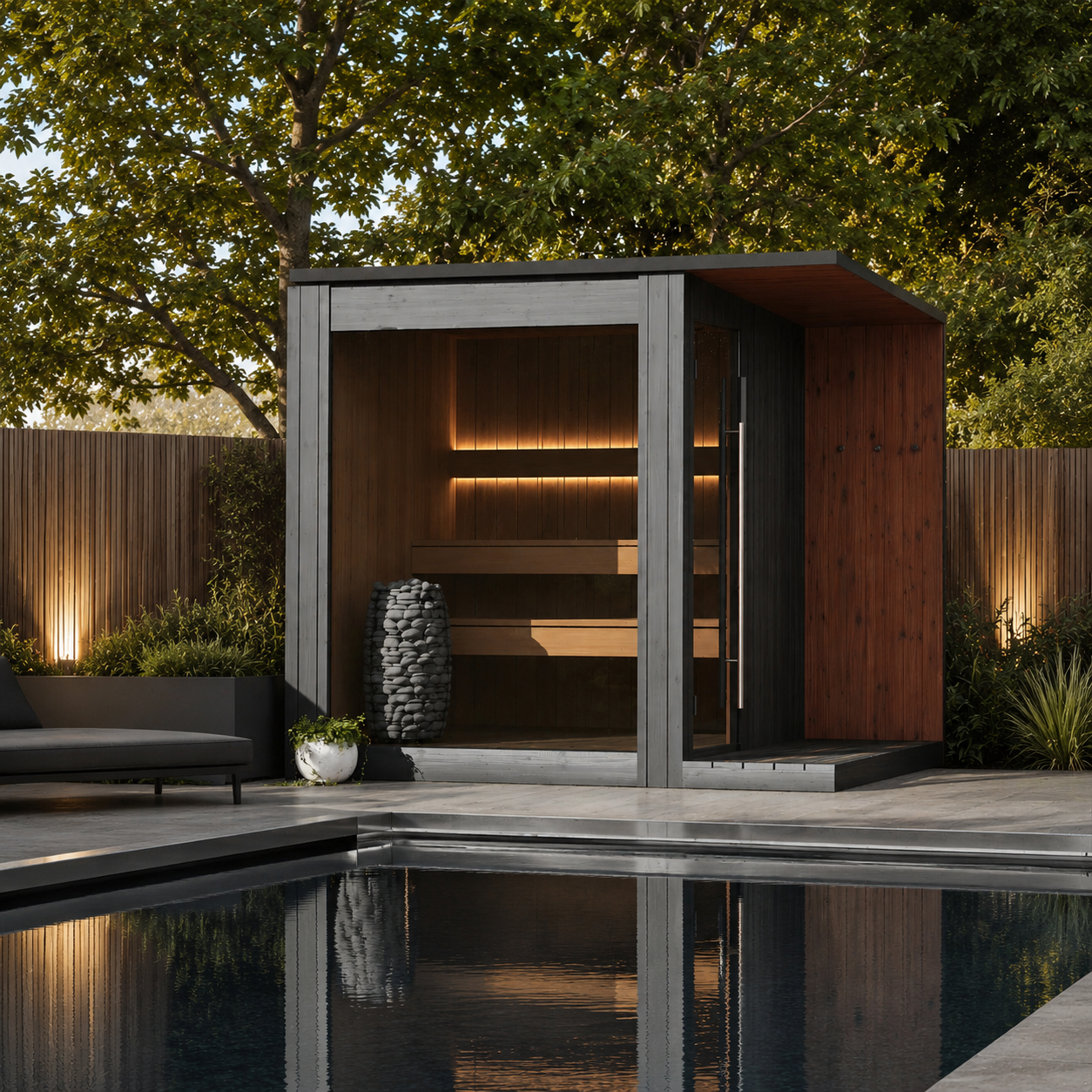 Nore Haus cedar sauna with outdoor shower — Western Red Cedar interior, Finnish-style heater, black exterior shell, lakeside setting