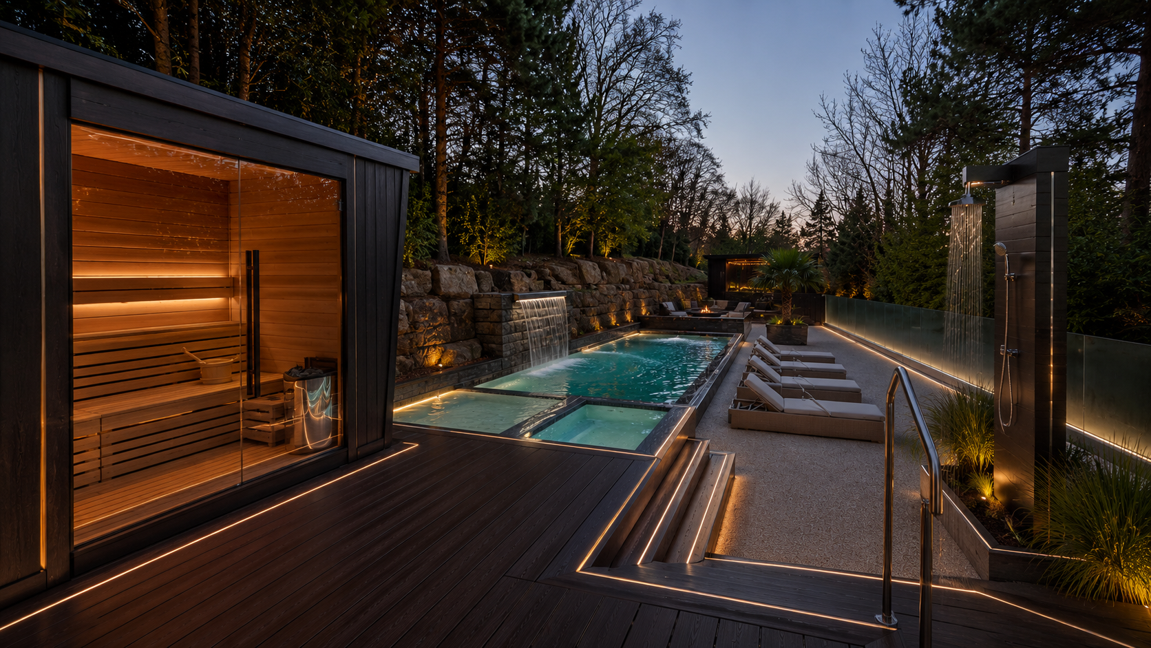 Nore Haus backyard thermal spa kit installed in West Vancouver at dusk — cedar sauna with glowing window, combo hot and cold plunge pool, outdoor shower, stone deck